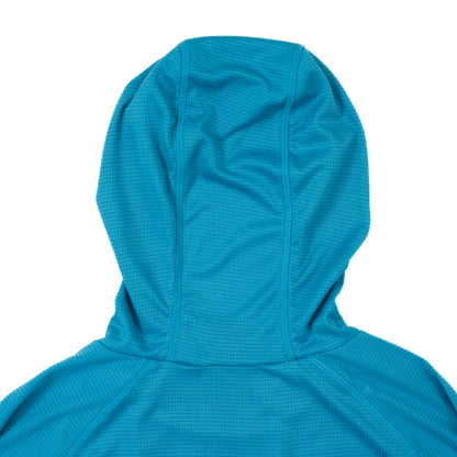 Back of hood of aqua blue womens outdoor sun hoodie from Squak Mountain Co.