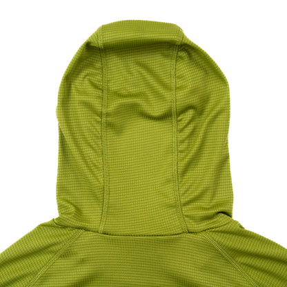 Back of hood of light green womens outdoor sun hoodie from Squak Mountain Co.