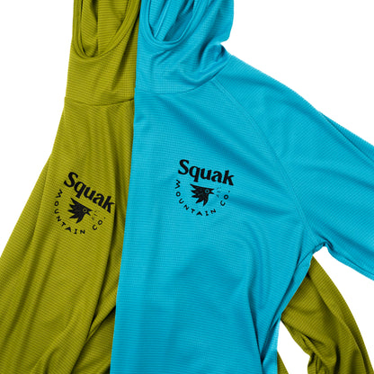 Light green and aqua blue womens outdoor sun hoodie from Squak Mountain Co.