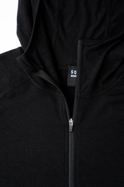 Hood on womens black wool base layer hoodie from Squak Mountain Co.