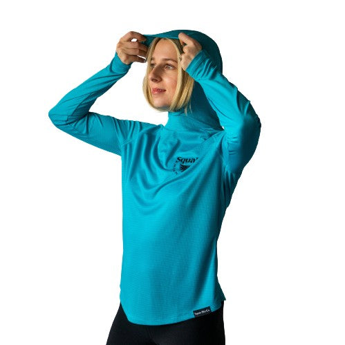 Aqua blue womens outdoor sun hoodie on person from Squak Mountain Co.