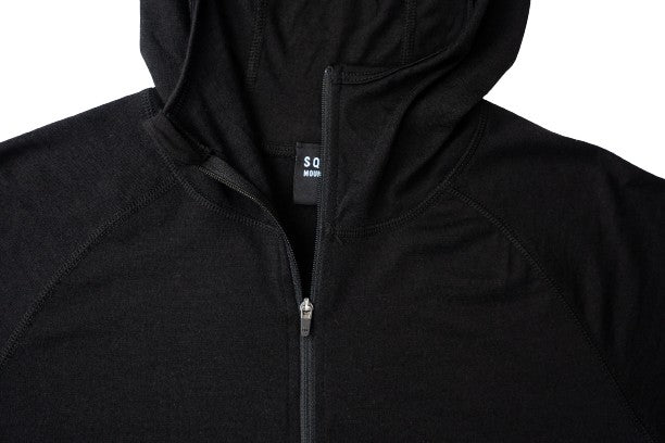 Top half of black wool base layer hoodie from Squak Mountain Co.