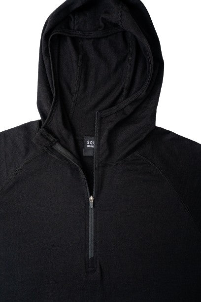 Top half of black wool base layer hoodie from Squak Mountain Co.