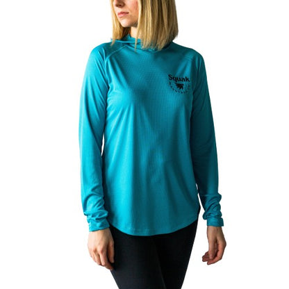 Aqua blue womens outdoor sun hoodie on person from Squak Mountain Co.